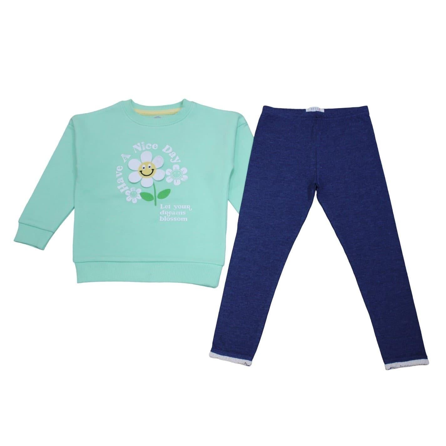 Green-Blue - Front - Hello World Childrens-Kids Daisy Top And Leggings Set