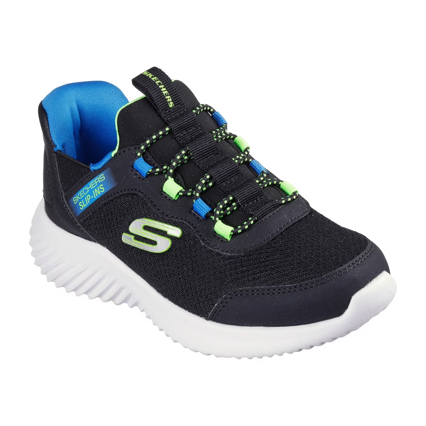 Black-Blue-Lime - Pack Shot - Skechers Childrens-Kids Bounder Brisk Burst Mesh Slip-In Trainers