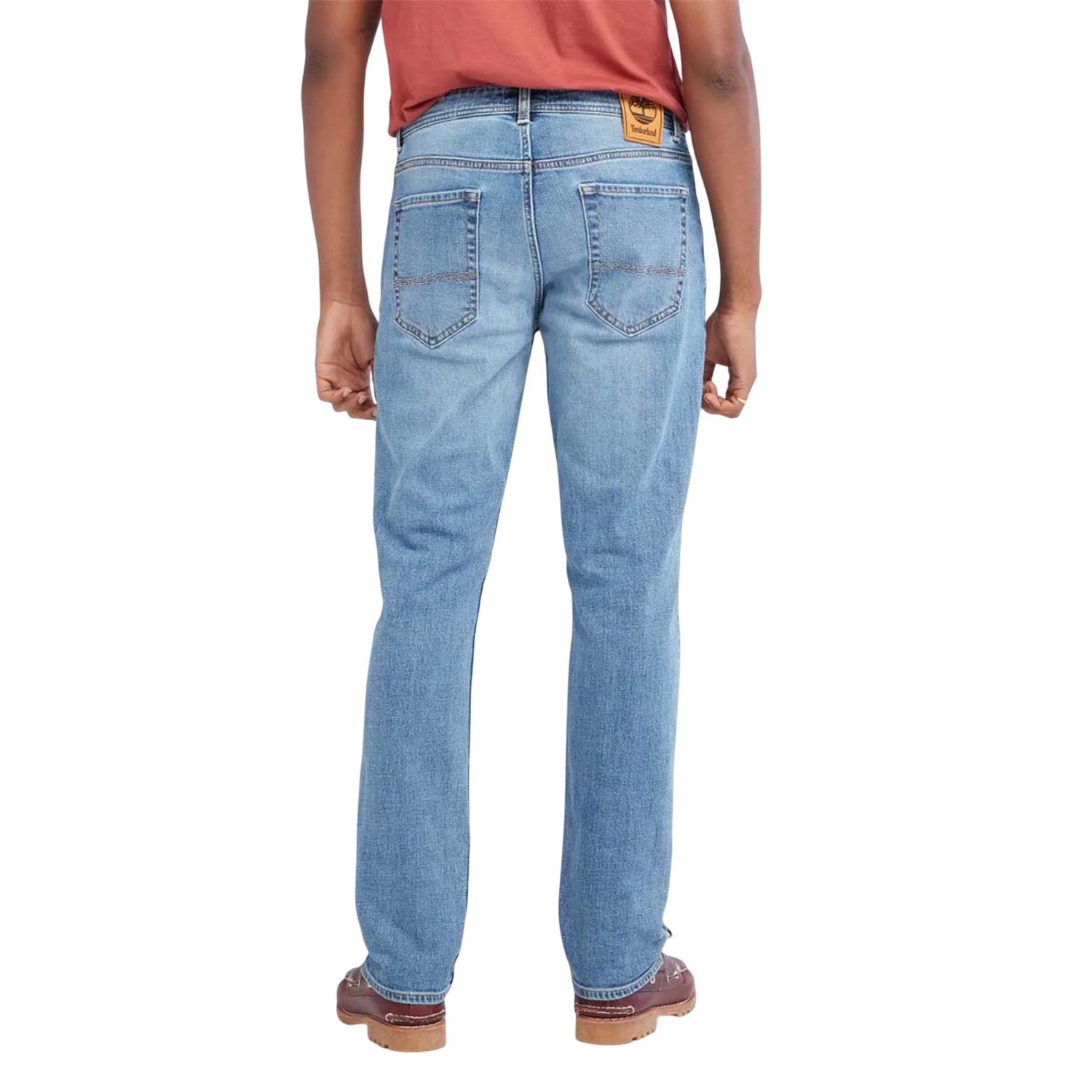 Denim - Back - Timberland Mens Sandown Stretch Leather Patch Slim Jeans