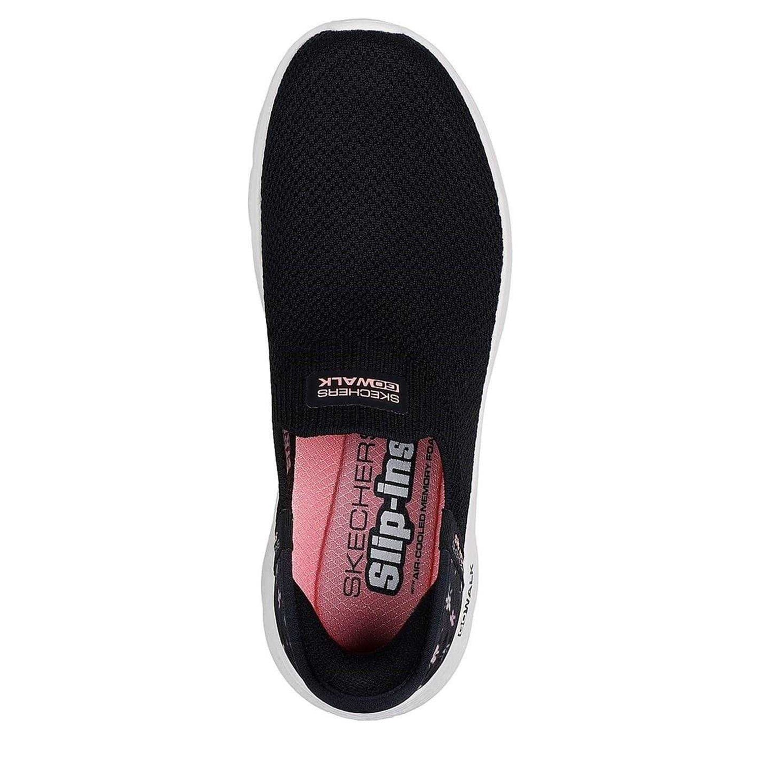Black-Pink - Side - Skechers Womens-Ladies Go Walk Flex Floral Flexible Slip-In Trainers