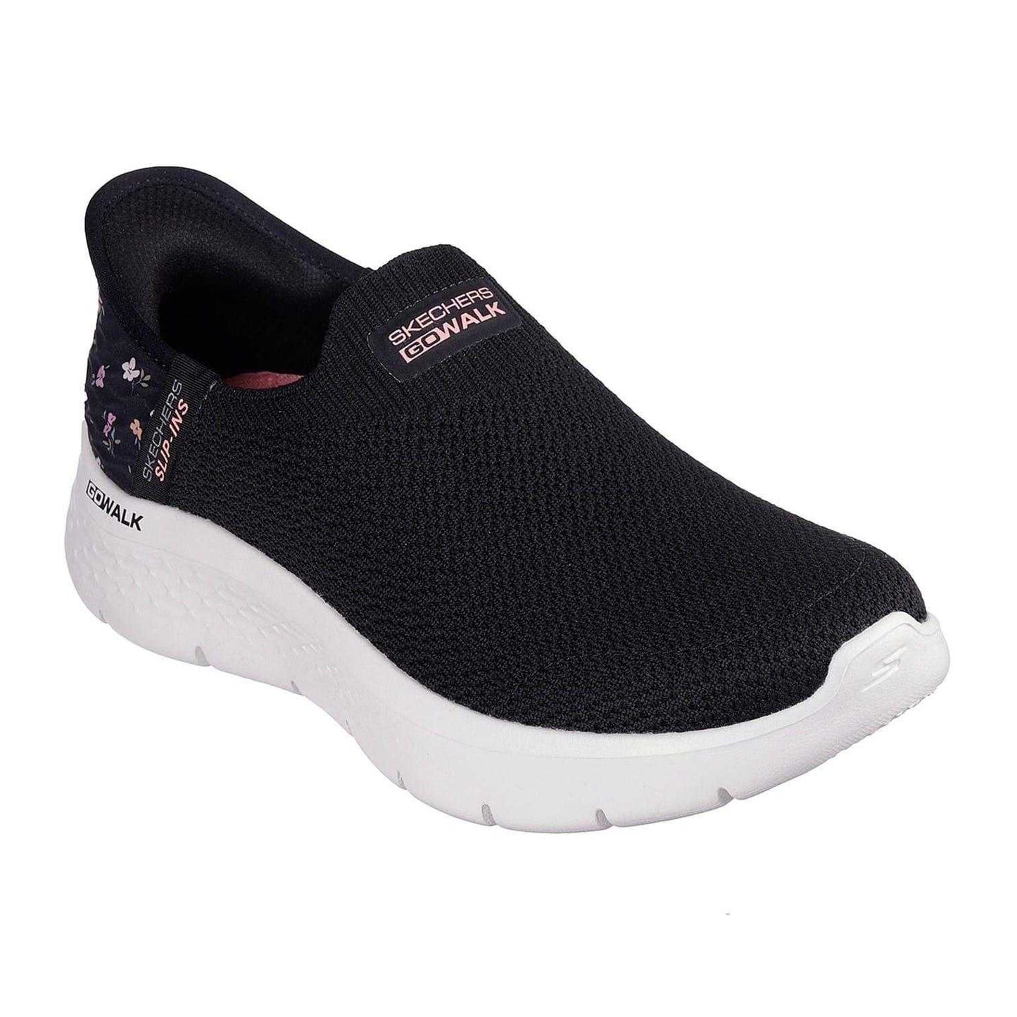 Black-Pink - Pack Shot - Skechers Womens-Ladies Go Walk Flex Floral Flexible Slip-In Trainers