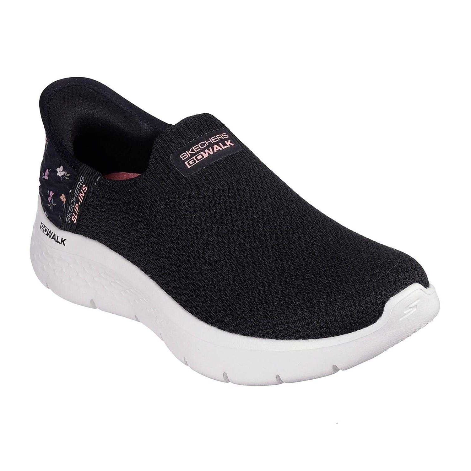 Black-Pink - Pack Shot - Skechers Womens-Ladies Go Walk Flex Floral Flexible Slip-In Trainers