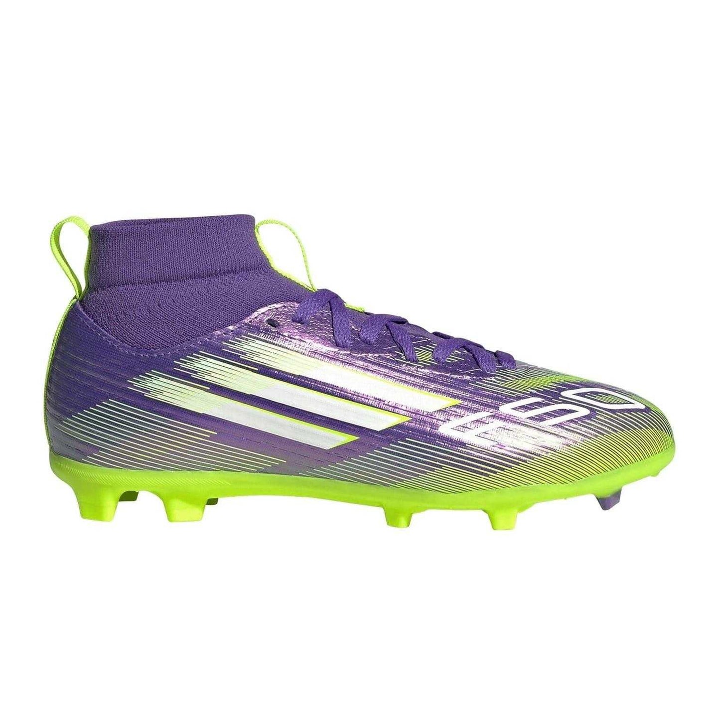 Purple-White - Front - Adidas Childrens-Kids F50 League Print Firm Ground Football Boots