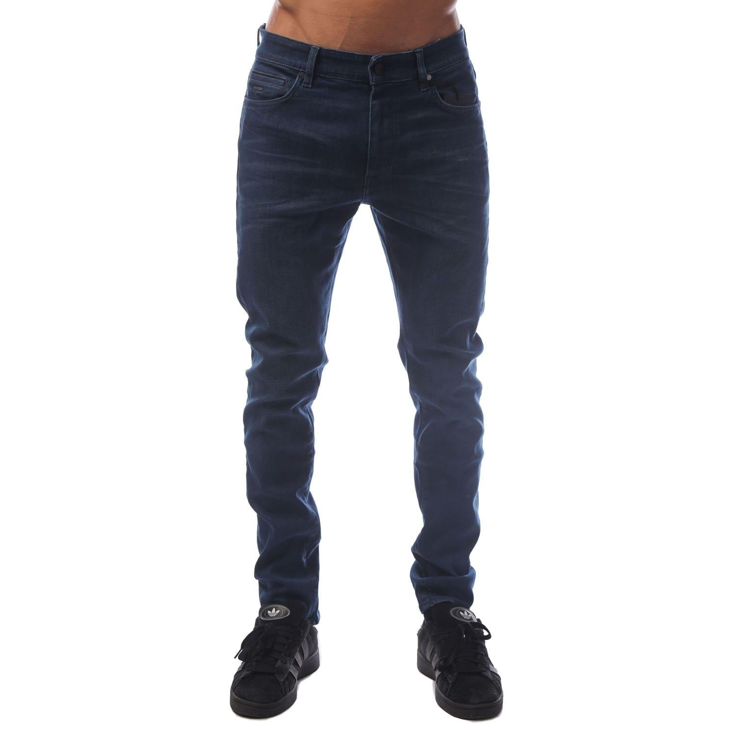 Navy - Front - Boss Mens Keith-1 Leather Patch Jeans