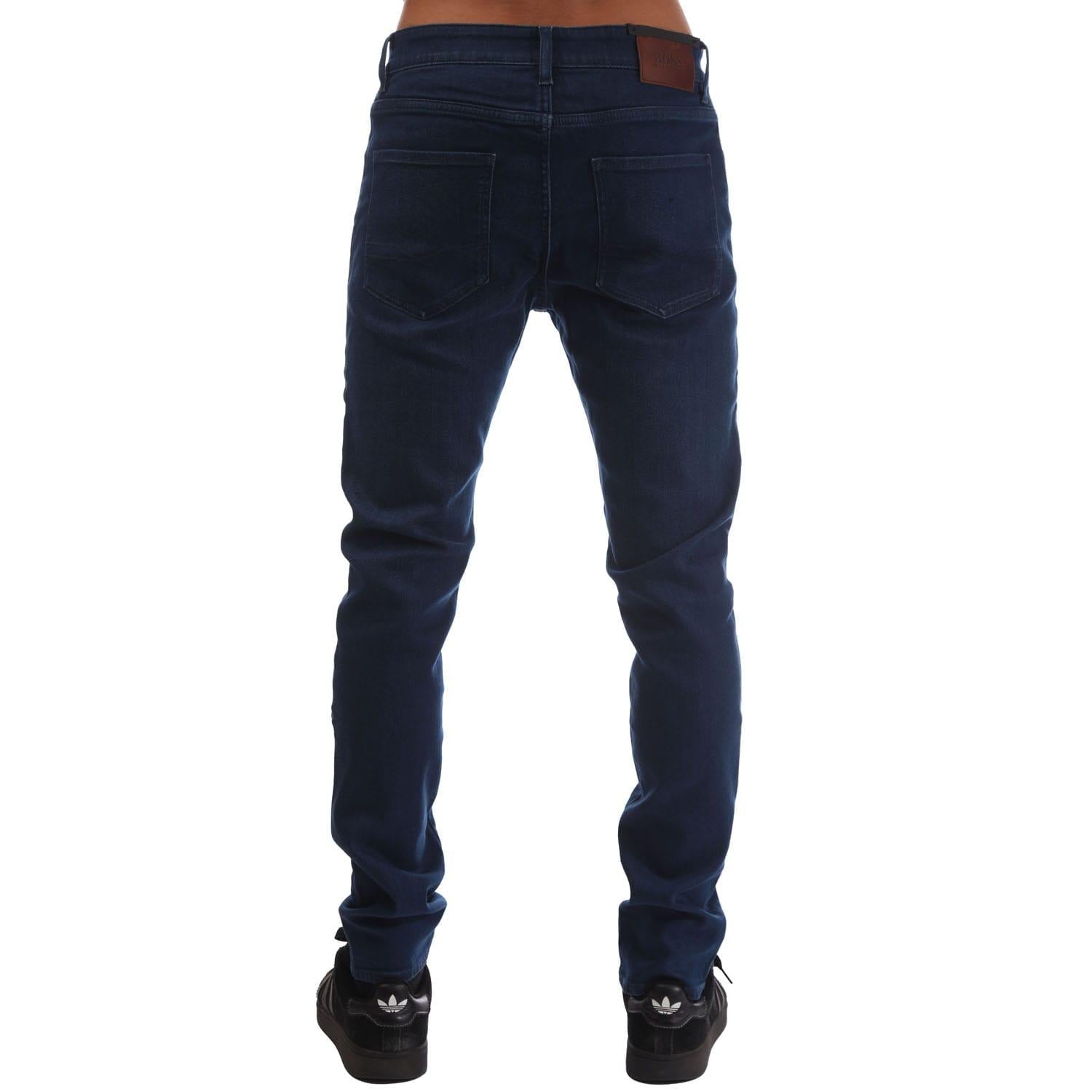 Navy - Side - Boss Mens Keith-1 Leather Patch Jeans