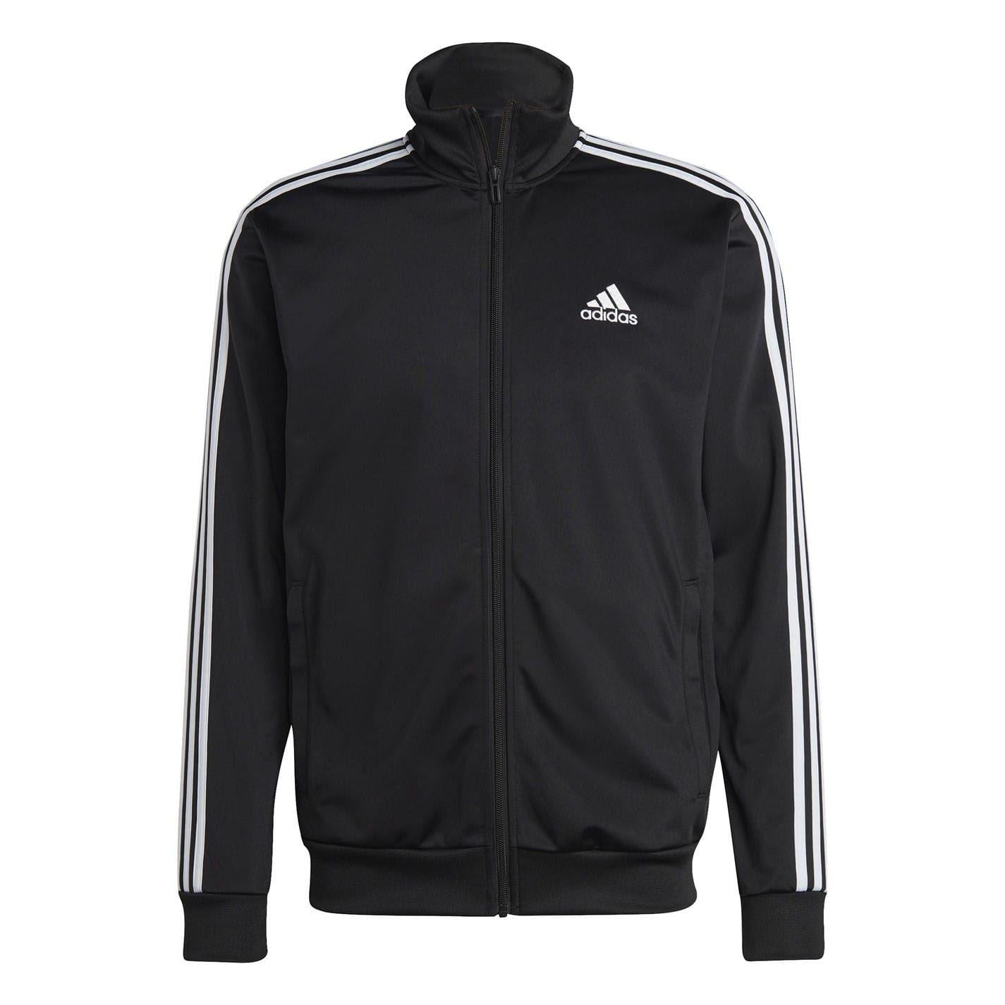 Black - Side - Adidas Mens Essentials 3 Stripes Tricot Full Zip Tracksuit Set