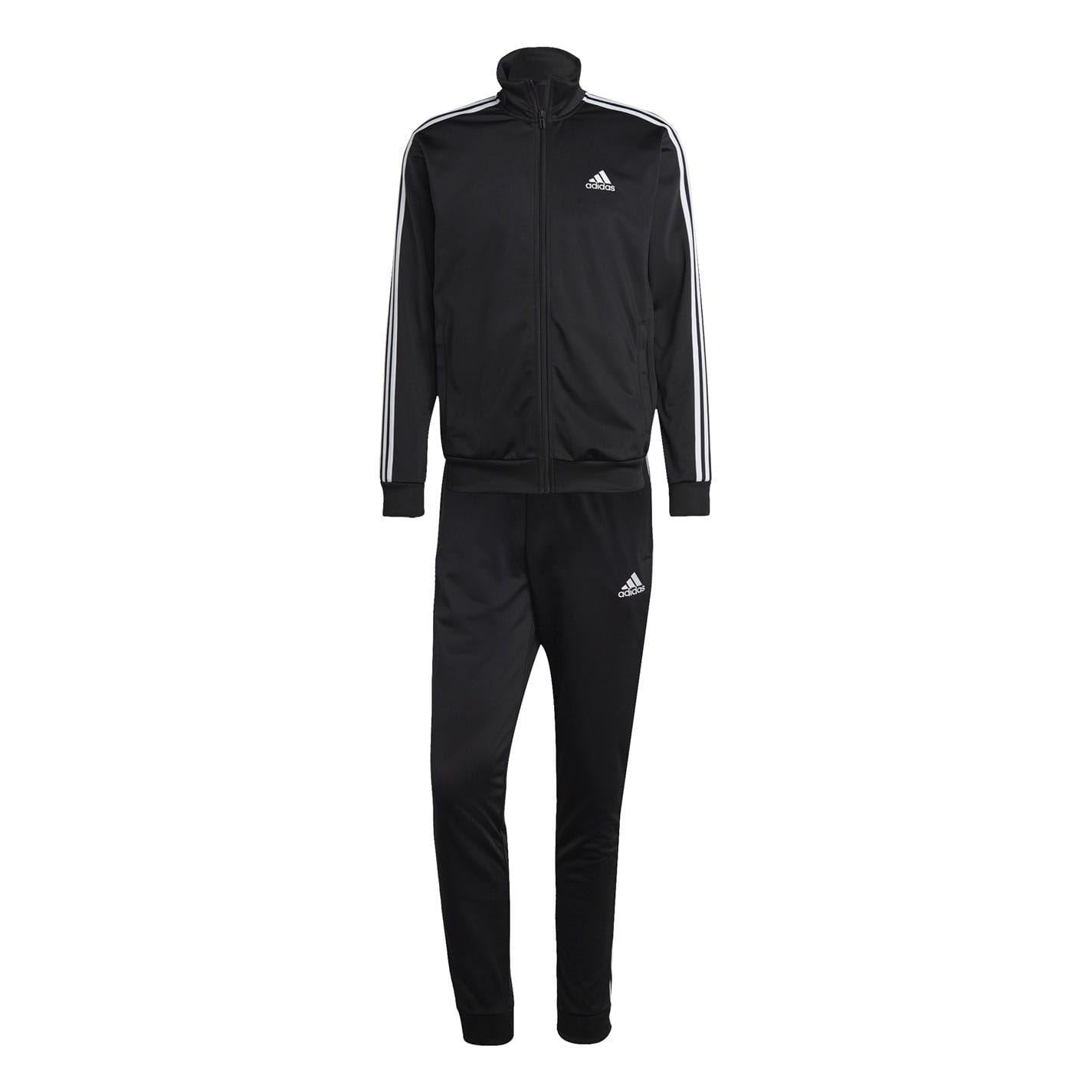 Black - Front - Adidas Mens Essentials 3 Stripes Tricot Full Zip Tracksuit Set