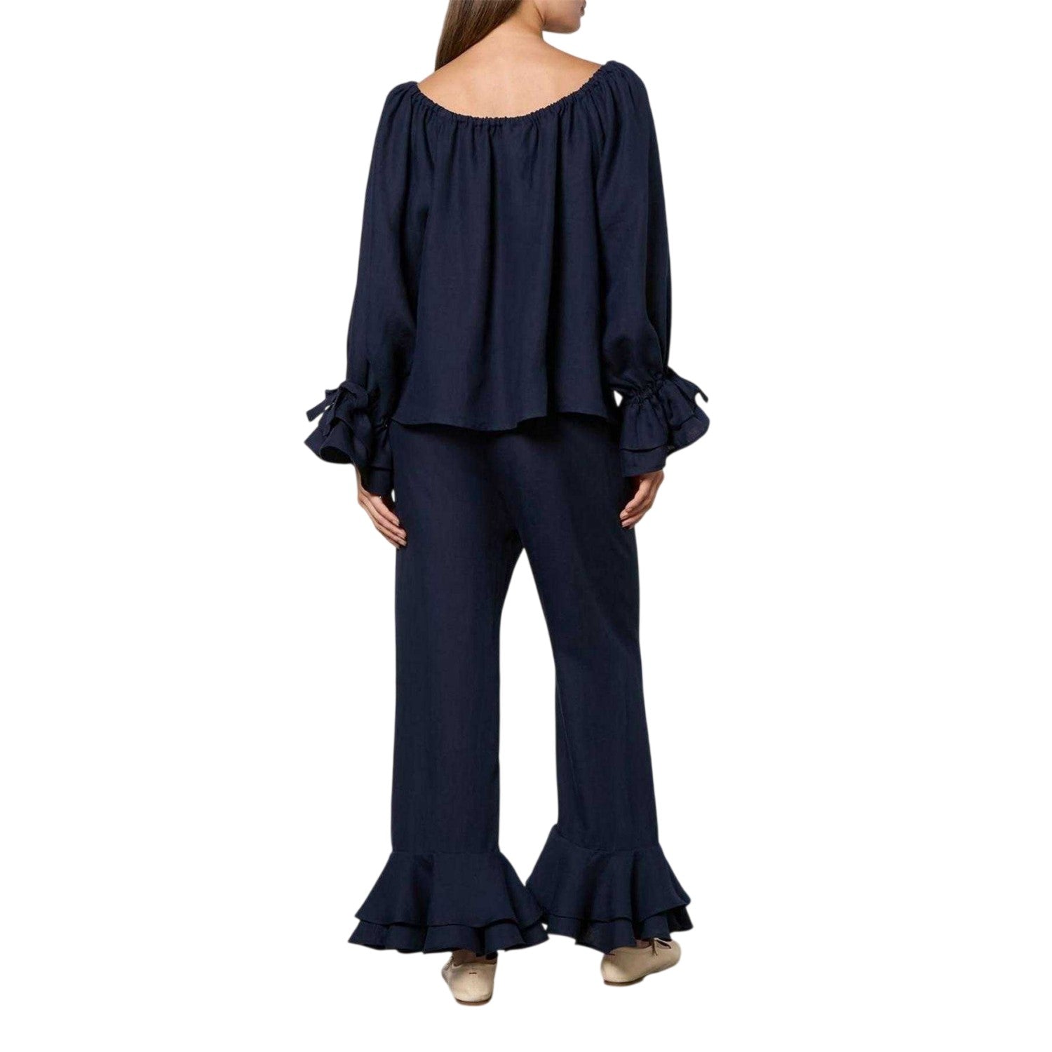 Navy - Back - Sleeper Womens-Ladies Linen Puff Sleeve Loungewear Set