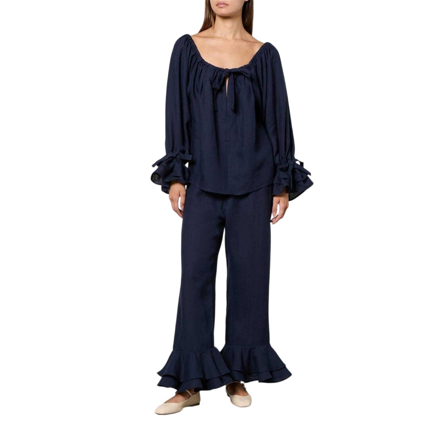 Navy - Front - Sleeper Womens-Ladies Linen Puff Sleeve Loungewear Set