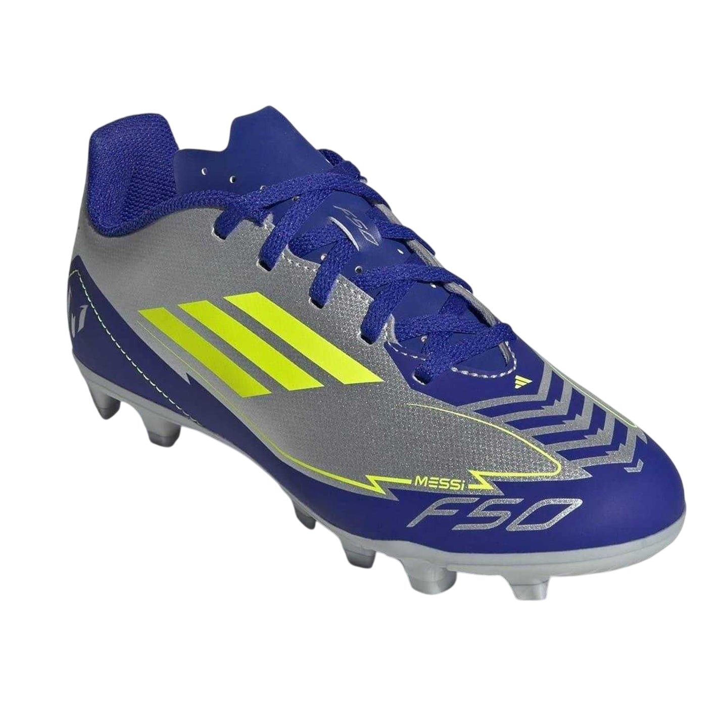 Silver-Blue - Pack Shot - Adidas Childrens-Kids F50 Club Messi Regular Firm Ground Football Boots