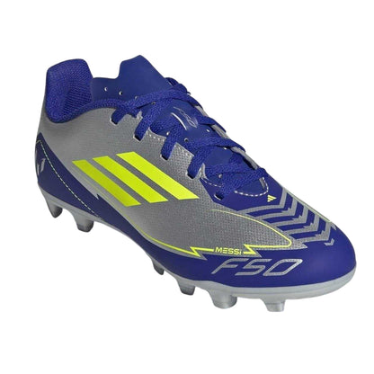 Silver-Blue - Pack Shot - Adidas Childrens-Kids F50 Club Messi Regular Firm Ground Football Boots