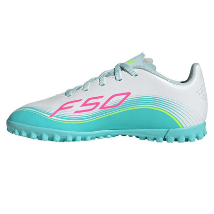 White-Pink-Blue - Side - Adidas Childrens-Kids F50 Messi Football Boots