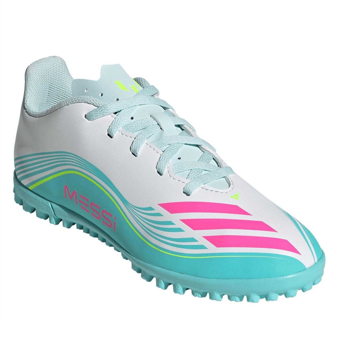 White-Pink-Blue - Pack Shot - Adidas Childrens-Kids F50 Messi Football Boots