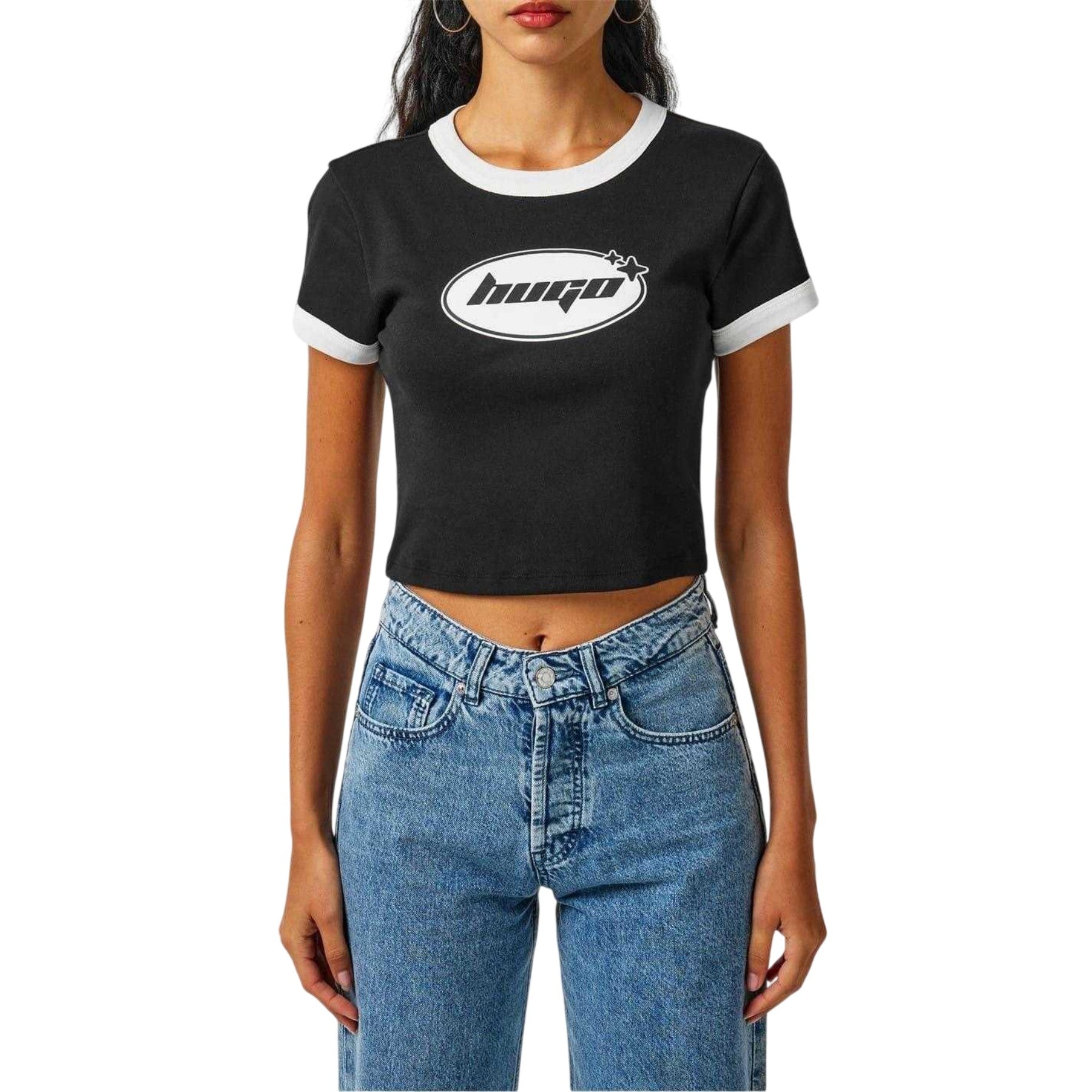 Black - Side - Slazenger Womens-Ladies Ringer Cotton Cropped T-Shirt