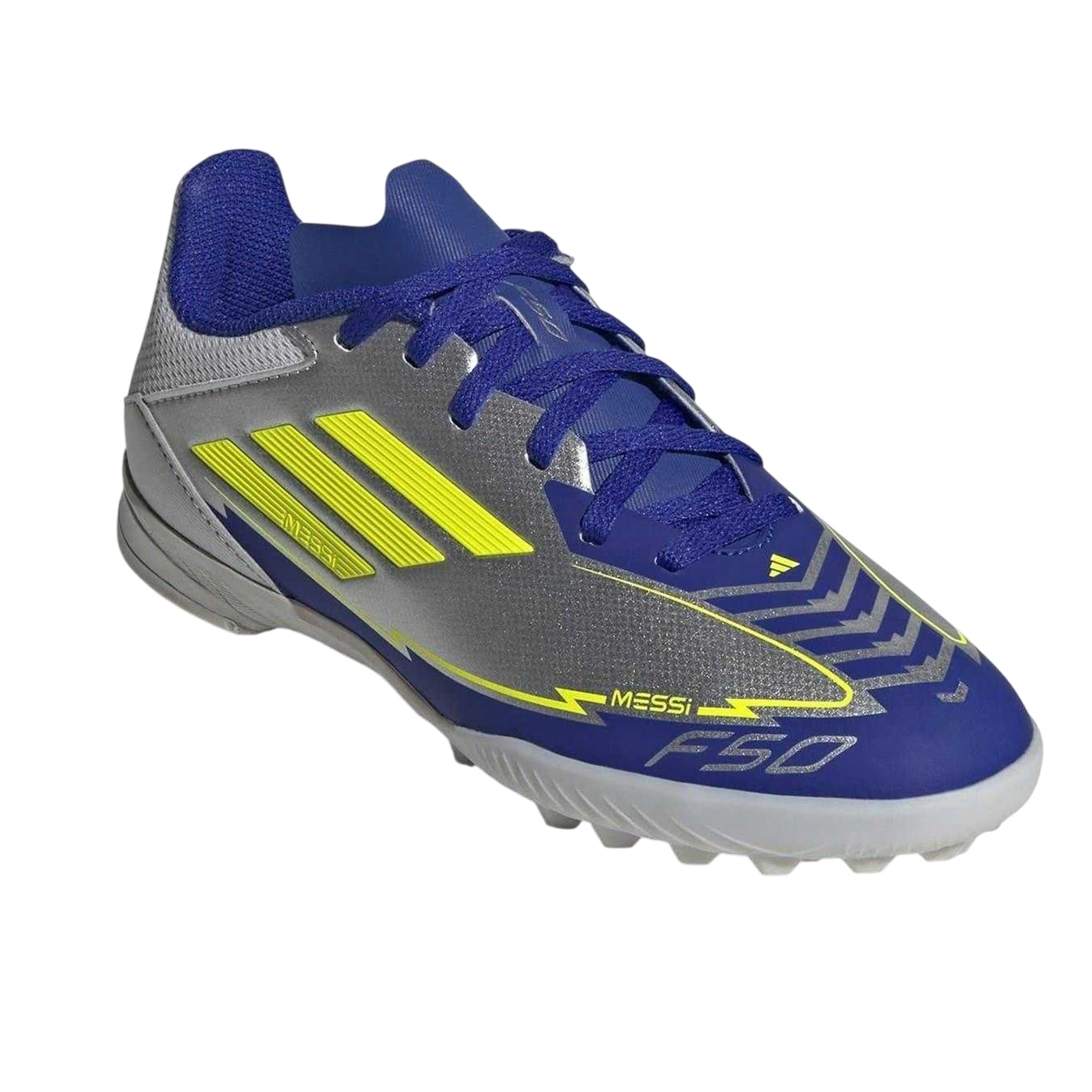 Silver-Blue - Pack Shot - Adidas Childrens-Kids F50 League Football Boots