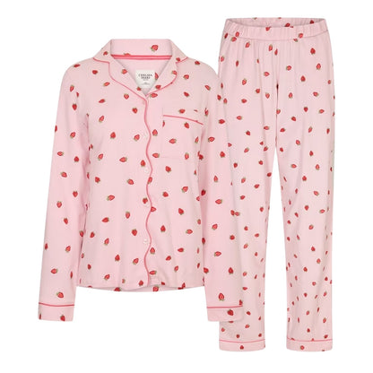 Pink-Red - Front - Chelsea Peers Womens-Ladies Strawberry Long Pyjama Set