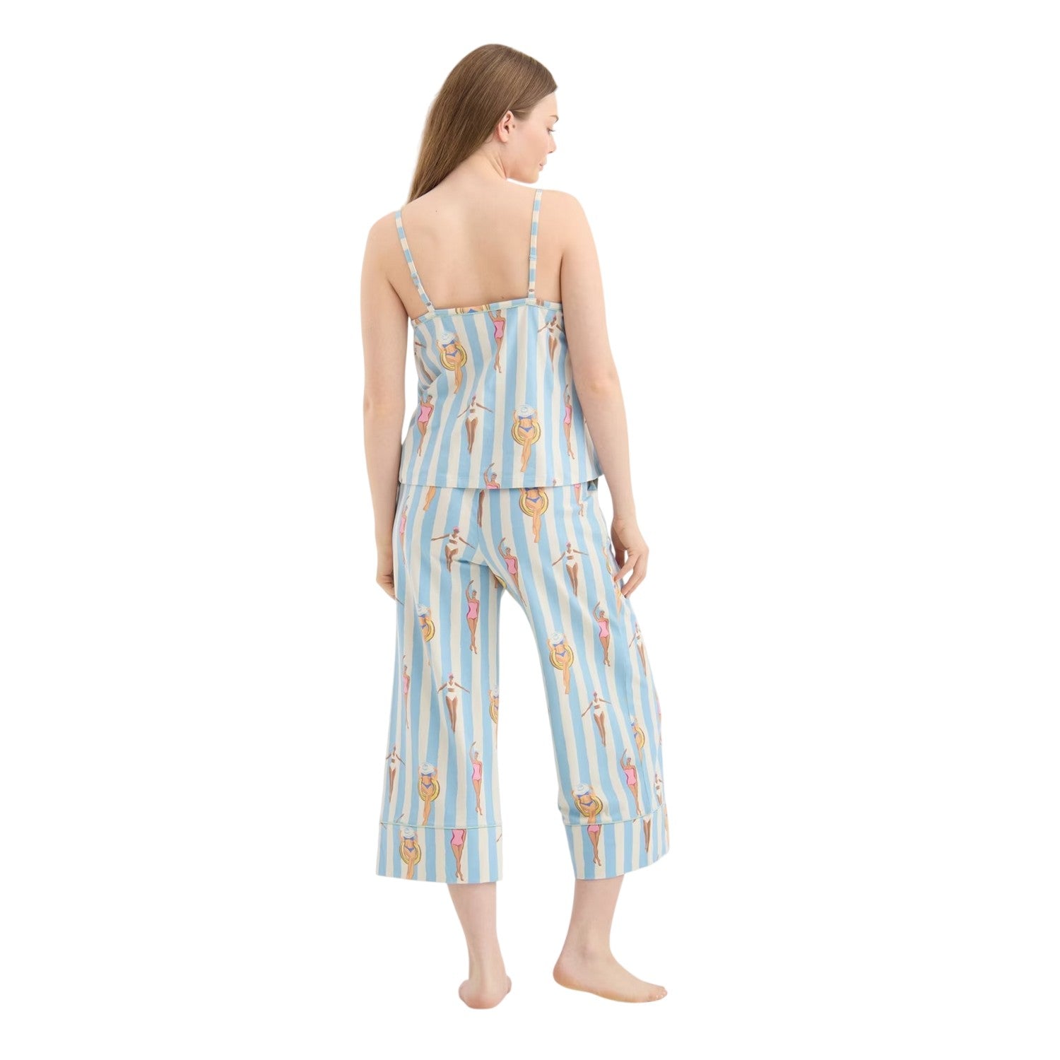 Blue - Back - Chelsea Peers Womens-Ladies Striped Capri Pyjama Set
