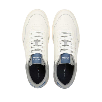 White-Grey - Side - Tommy Hilfiger Mens Leather Low Basketball Trainers
