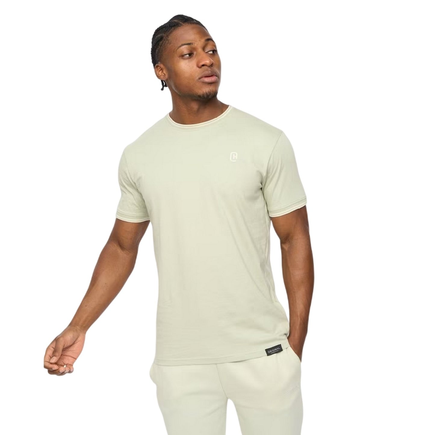 Light Olive - Side - Crosshatch Mens Preece Contrast Striped T-Shirt