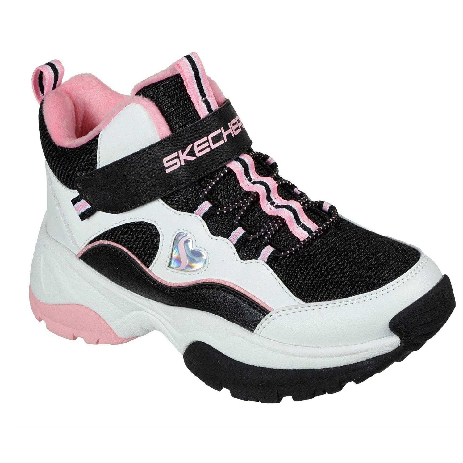 Black-White-Pink - Side - Skechers Childrens-Kids Kozmiks1.0 High Top Trainers
