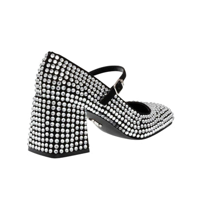 Silver - Back - Steve Madden Womens-Ladies Rhinestone Leather Block Heel Mary Janes