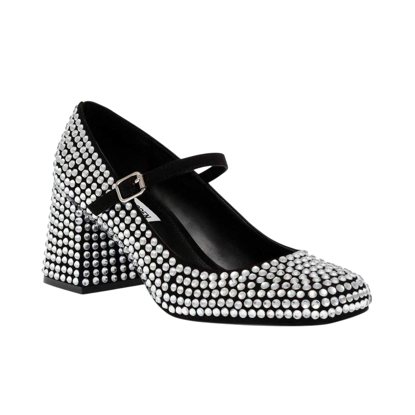 Silver - Side - Steve Madden Womens-Ladies Rhinestone Leather Block Heel Mary Janes