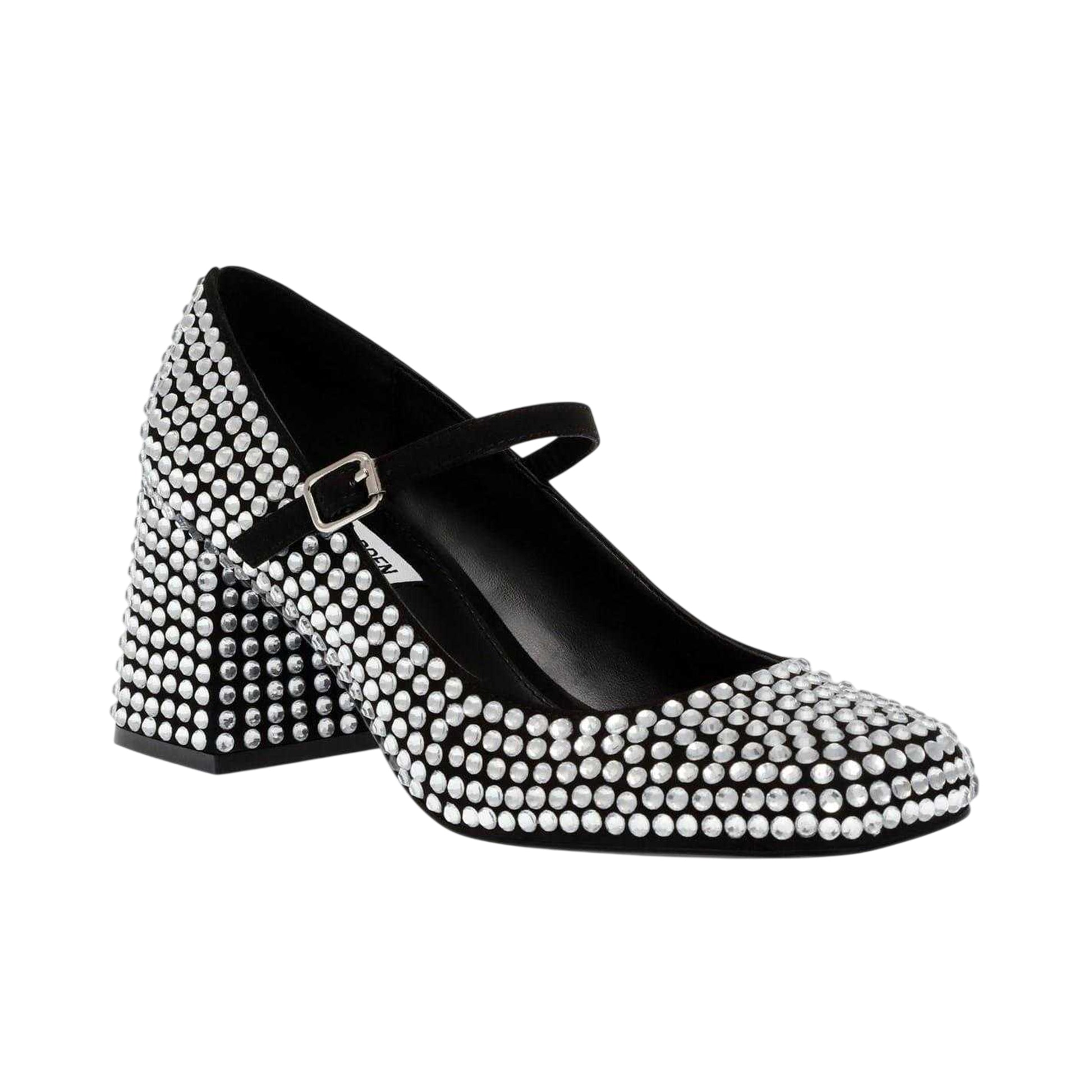 Silver - Side - Steve Madden Womens-Ladies Rhinestone Leather Block Heel Mary Janes