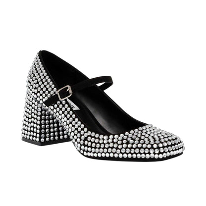 Silver - Side - Steve Madden Womens-Ladies Rhinestone Leather Block Heel Mary Janes