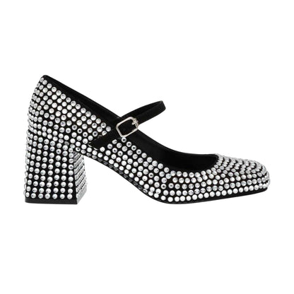 Silver - Front - Steve Madden Womens-Ladies Rhinestone Leather Block Heel Mary Janes