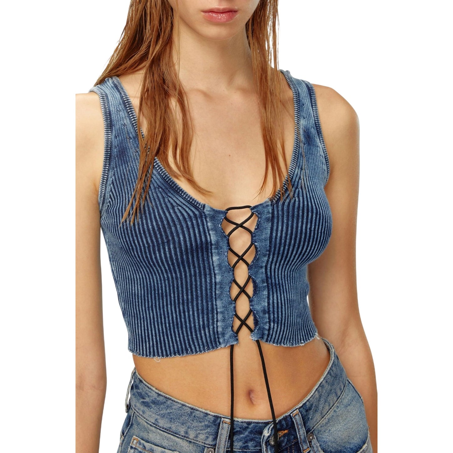 Blue - Side - Diesel Womens-Ladies Adone Maglia Knitted Crop Top