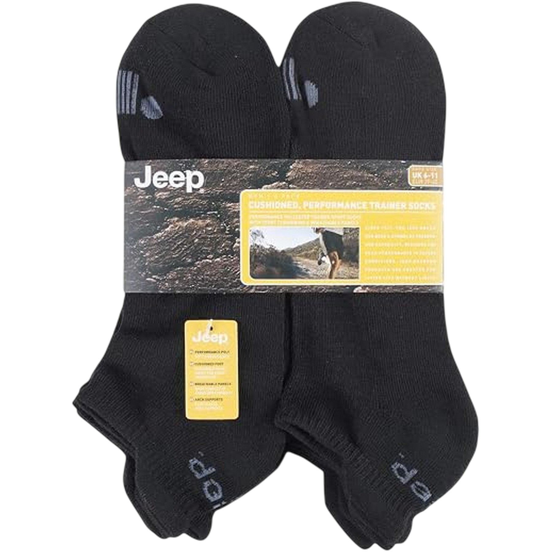 Black - Side - Jeep Mens Cushioned Trainer Socks (Pack of 6)