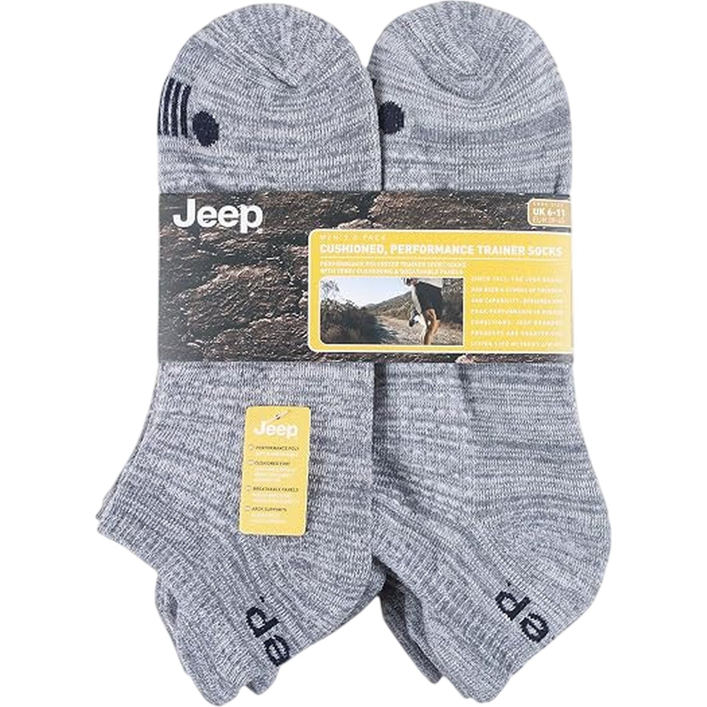 Grey - Side - Jeep Mens Cushioned Trainer Socks (Pack of 6)