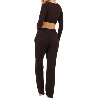 Chocolate - Back - Brave Soul Womens-Ladies Ribbed Loungewear Set