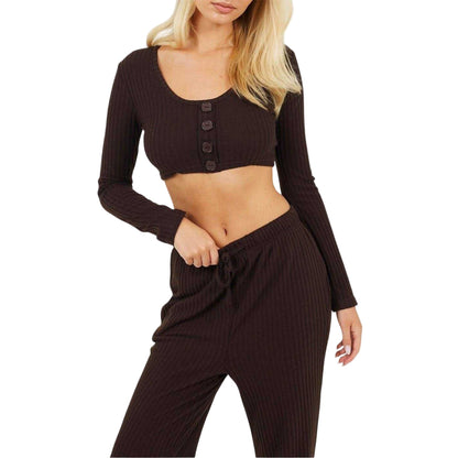 Chocolate - Side - Brave Soul Womens-Ladies Ribbed Loungewear Set