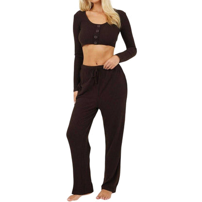 Chocolate - Lifestyle - Brave Soul Womens-Ladies Ribbed Loungewear Set
