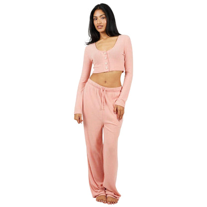 Dusty Pink - Front - Brave Soul Womens-Ladies Ribbed Loungewear Set