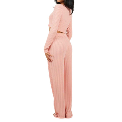 Dusty Pink - Back - Brave Soul Womens-Ladies Ribbed Loungewear Set