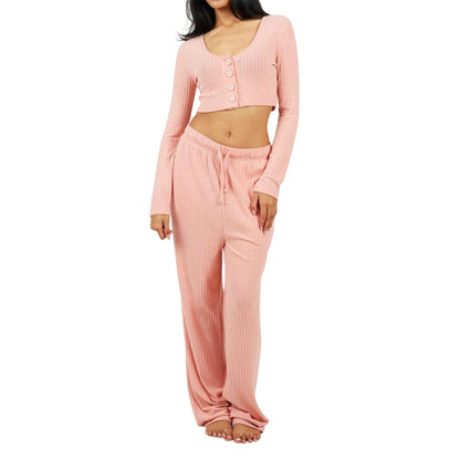 Dusty Pink - Lifestyle - Brave Soul Womens-Ladies Ribbed Loungewear Set