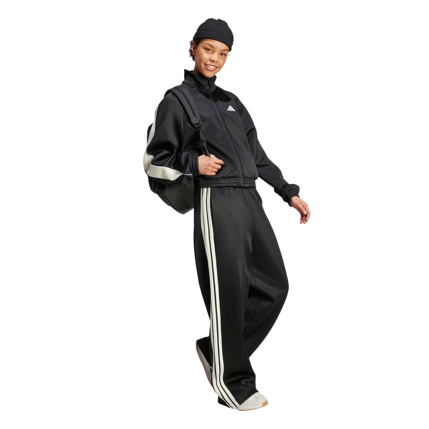 Black - Side - Adidas Womens-Ladies Firebird 3 Stripes Loose Jogging Bottoms