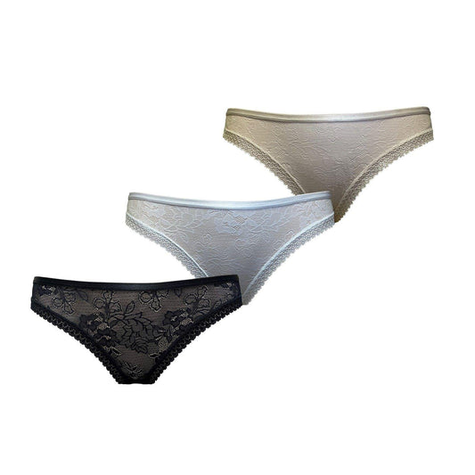 Black-White-Nude - Front - Be You Womens-Ladies Floral Microfibre Brazilian Briefs (Pack of 3)