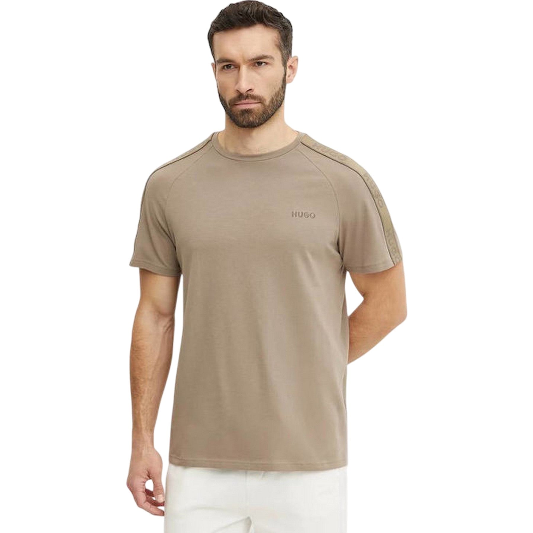 Beige - Side - Hugo Mens Logo Taped T-Shirt