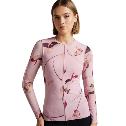 Pink - Side - Ted Baker Womens-Ladies Floral Mesh Long-Sleeved Top