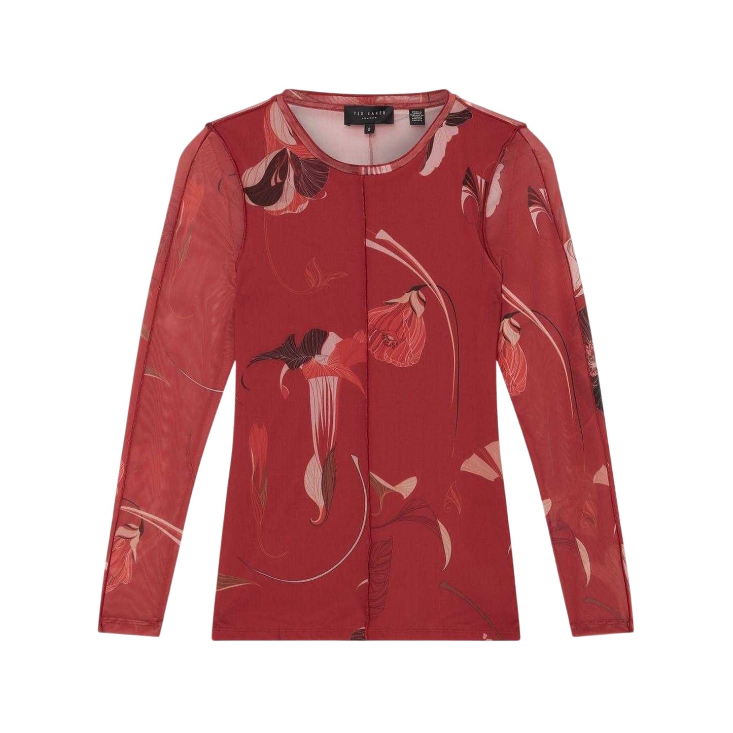 Red - Front - Ted Baker Womens-Ladies Floral Mesh Long-Sleeved Top