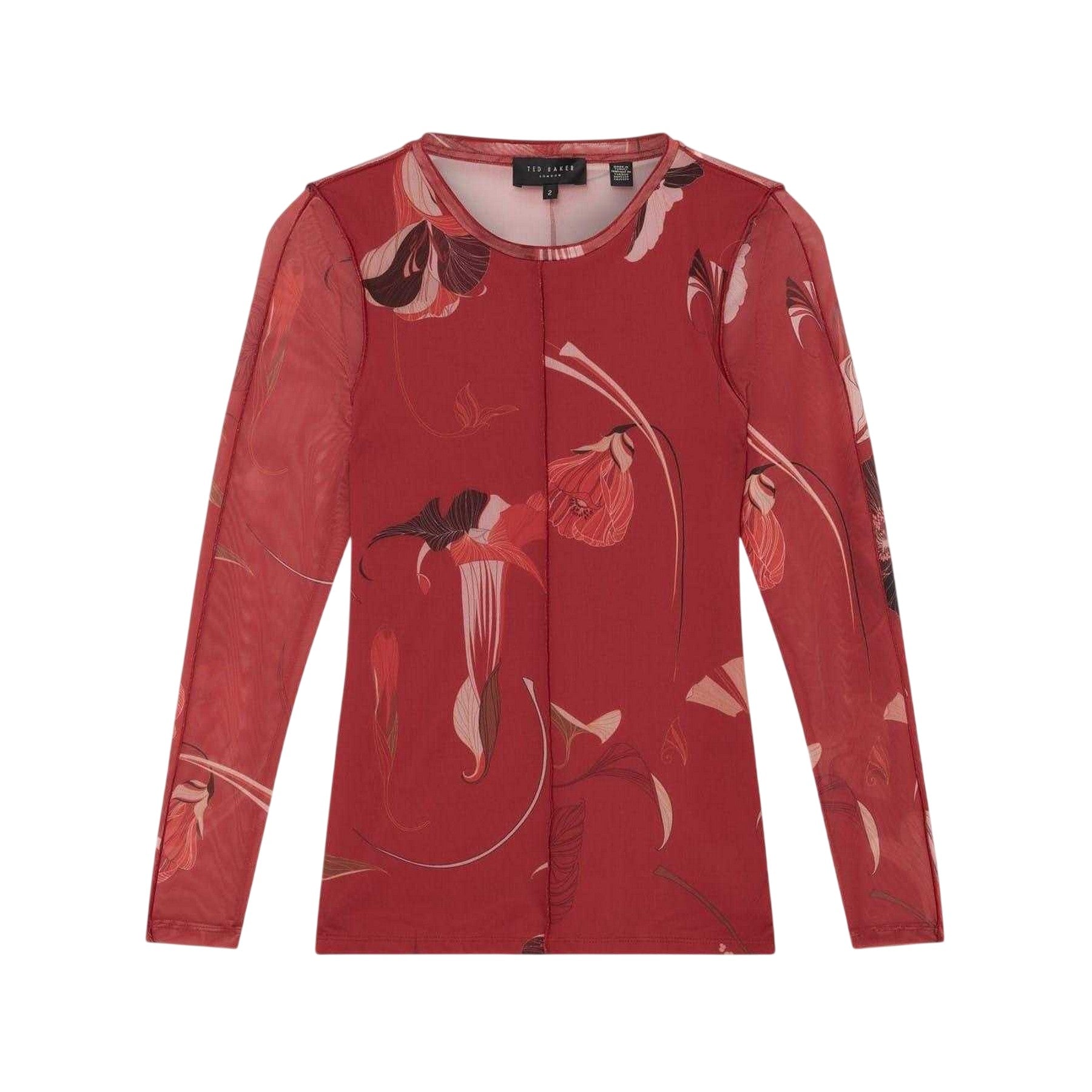 Red - Front - Ted Baker Womens-Ladies Floral Mesh Long-Sleeved Top