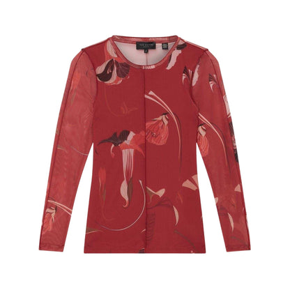 Red - Front - Ted Baker Womens-Ladies Floral Mesh Long-Sleeved Top
