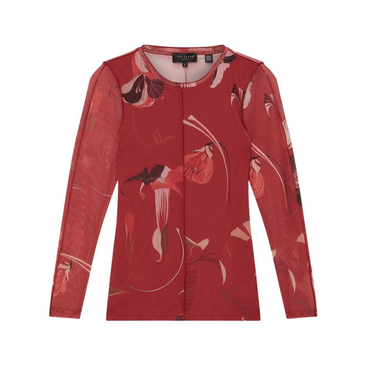 Red - Front - Ted Baker Womens-Ladies Floral Mesh Long-Sleeved Top