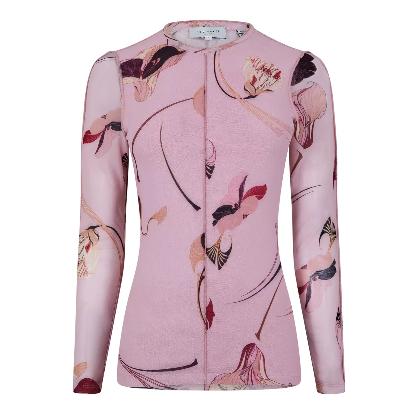 Pink - Front - Ted Baker Womens-Ladies Floral Mesh Long-Sleeved Top