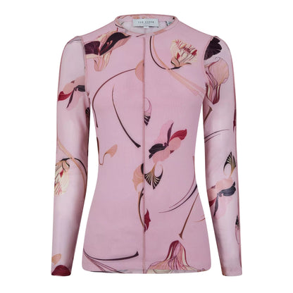 Pink - Front - Ted Baker Womens-Ladies Floral Mesh Long-Sleeved Top