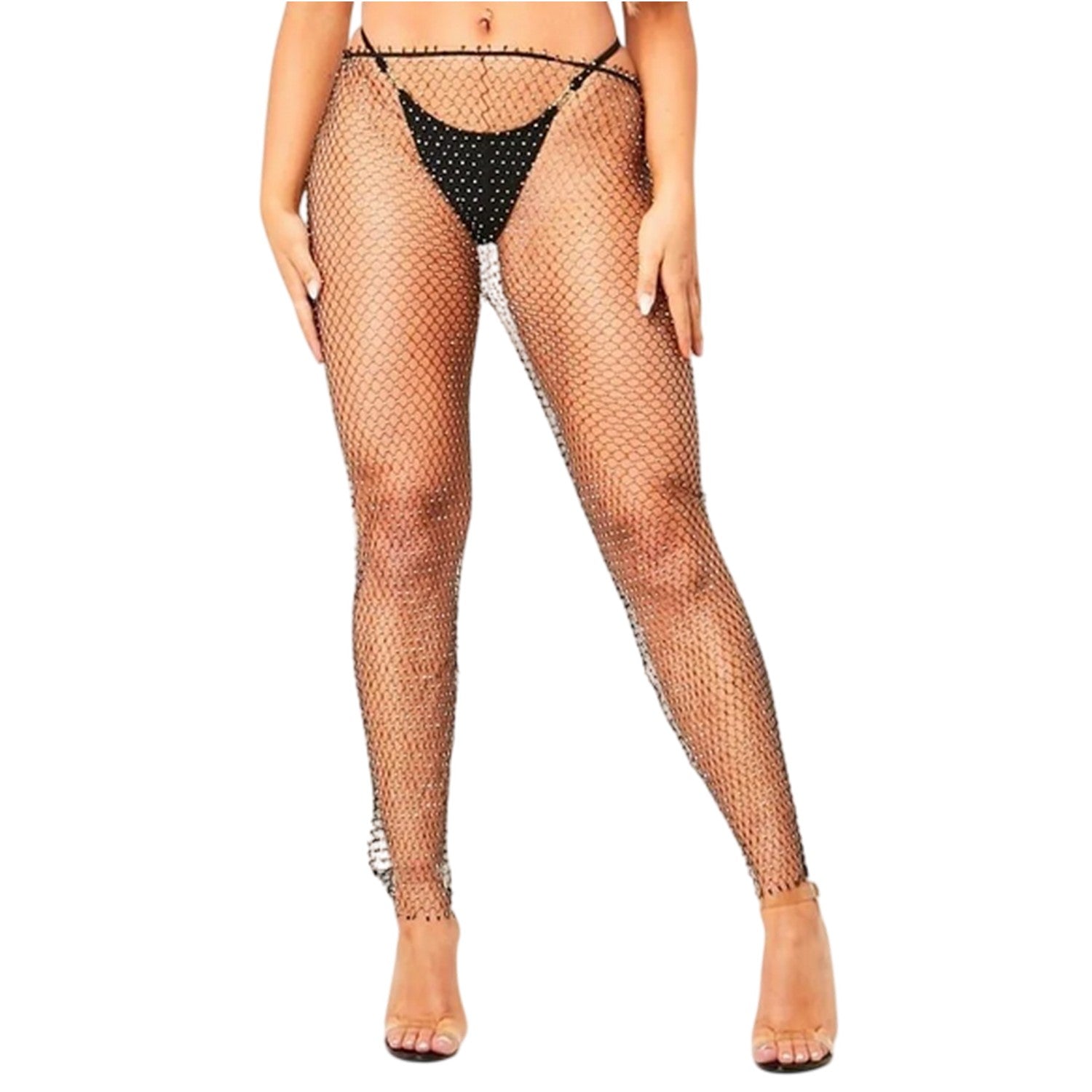 Black - Front - Missy Empire Womens-Ladies Mesh Diamante Trousers