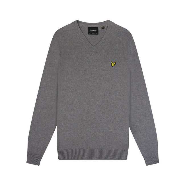 Grey - Pack Shot - Lyle & Scott Mens Merino Cotton V Neck Jumper